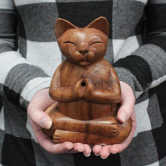 Wooden Carved Incense Burners - Large Yoga Cat