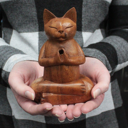 Wooden Carved Incense Burners - Medium Yoga Cat