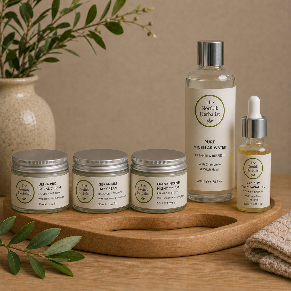 The Norfolk Herbalist face care products with facial creams, micellar water and facial oil