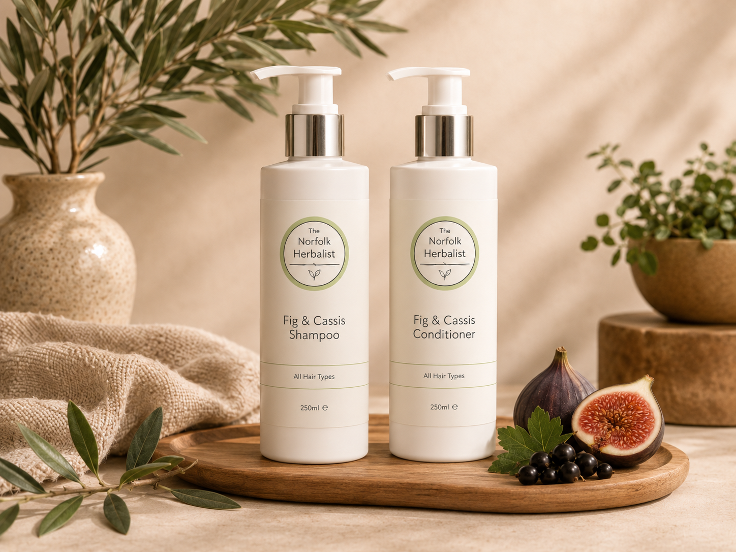 The Norfolk Herbalist liquid shampoo and conditioner bottles