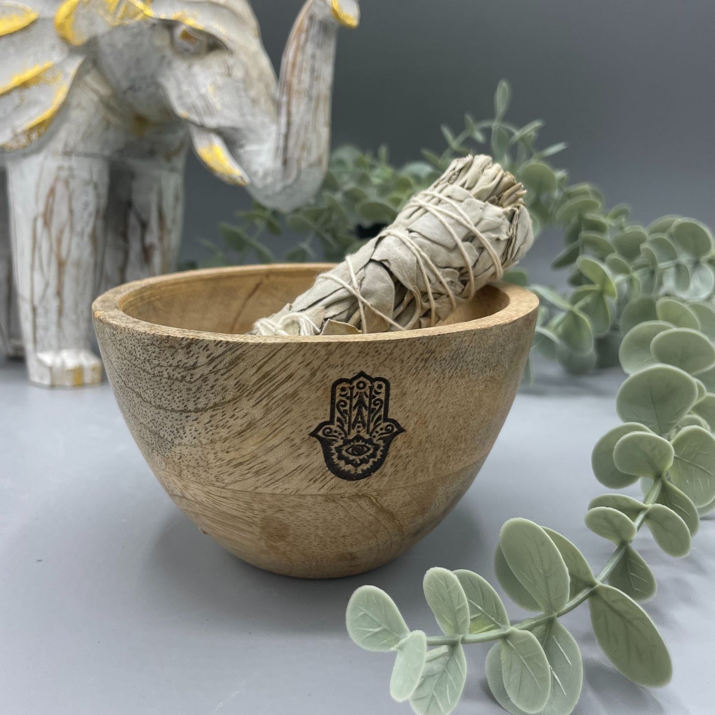 Wooden Smudge and Ritual Offerings Bowl - Hamsa - 11 x 7cm