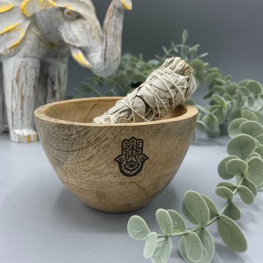 Wooden Smudge and Ritual Offerings Bowl - Hamsa - 11 x 7cm