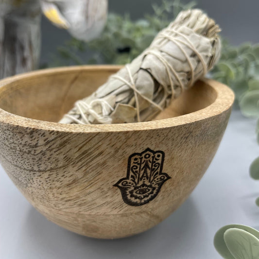 Wooden Smudge and Ritual Offerings Bowl - Hamsa - 11 x 7cm