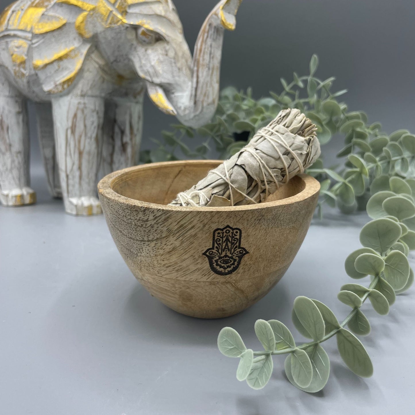 Wooden Smudge and Ritual Offerings Bowl - Hamsa - 11 x 7cm
