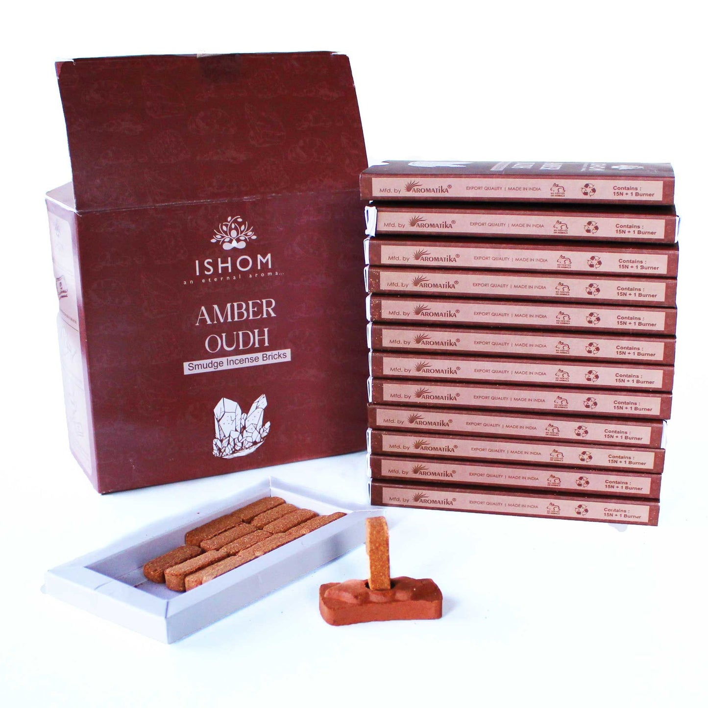 Natural Incense Smudge Bricks and Burner - Amber Wood - Pack of 15